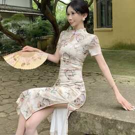 中国风复古镂空盘扣印花连衣裙女夏季气质修身旗袍款高开衩长裙子