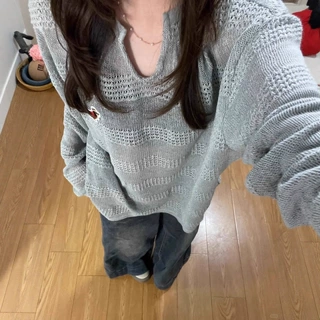镂空v领腊肠狗立体装饰针织罩衫女秋季新款宽松显瘦长袖防晒上衣