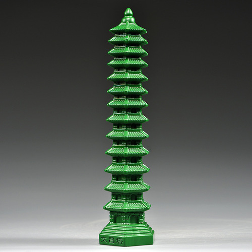 Green Wood Carved 13-Layer Wenchang Tower Ornament, Wood Wenchang Tower with 13 Layers, Home Living Room Office Decor