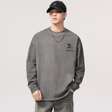 F1276|大码男装春季新品280G重磅复古炒色长袖T恤男宽松做旧上衣