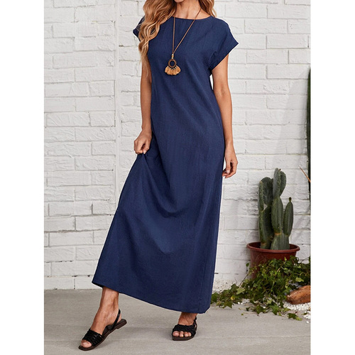 Summer European and American-style minimalist women's clothing: Round-neck, short-sleeve, loose-fitting, casual, long-length solid-color dress