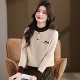 秋冬新款时尚彩扣圆领长袖针织衫女上衣洋气妈妈宽松打底绣花毛衣，女装针织衫/毛衣，妃慕昵服饰