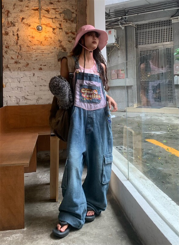 Bear Embroidered Vintage Large Pocket Denim Jumpsuit 2022 Autumn New Overalls Old Loose Floor Pants