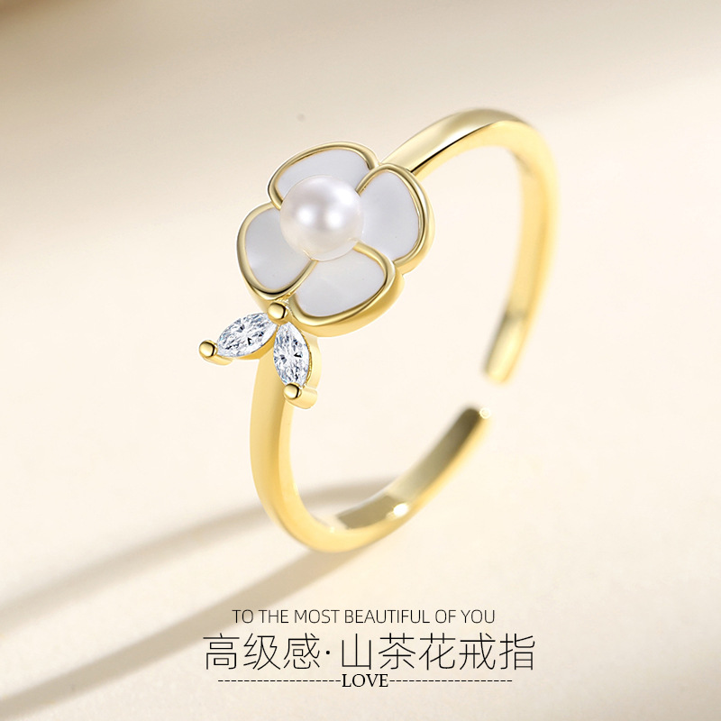 Francés perla Camelia de alto grado abierto anillo femenino de plata esterlina s925 anillo de diseño de nicho femenino moda al por mayor