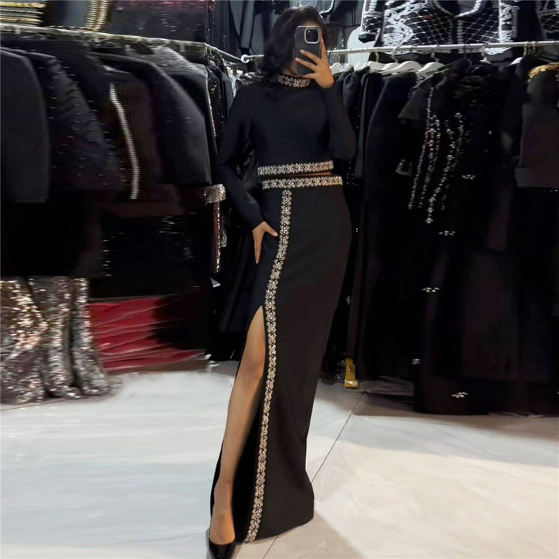 European and American Sexy Slit Beaded Diamond Bandage Suit Long-Sleeved Top Long Skirt Elegant Slim Party Two-Piece Set