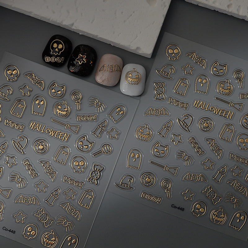 Wangyuan 2025 New Minimalist Hollow Line Halloween Nail Art Stickers Pumpkin Bat Gold Foil Candy Nail Stickers