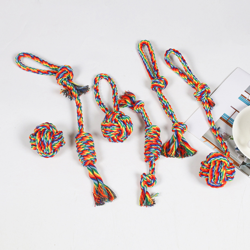 Juguetes transfronterizos para mascotas, cuerda de algodón, juguete molar para perros, juego de cuerda de algodón arcoíris resistente a la mordida