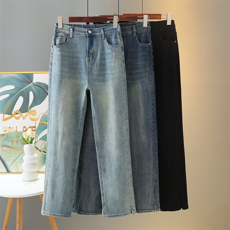 Adding fat size jeans 200 pounds Fat sister in spring style, slim, high waist elastic slit straight pants 2501
