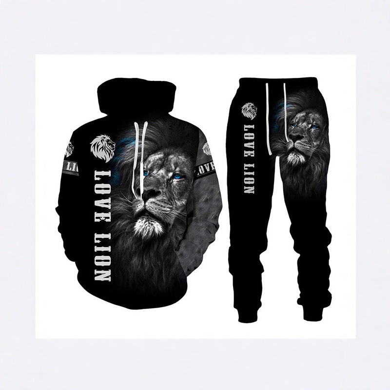 Cross-Border Export New 3D Printed Men's Sweatshirt Sports Suit Casual Large Size Sweatshirt Suit Lion Tiger Suit