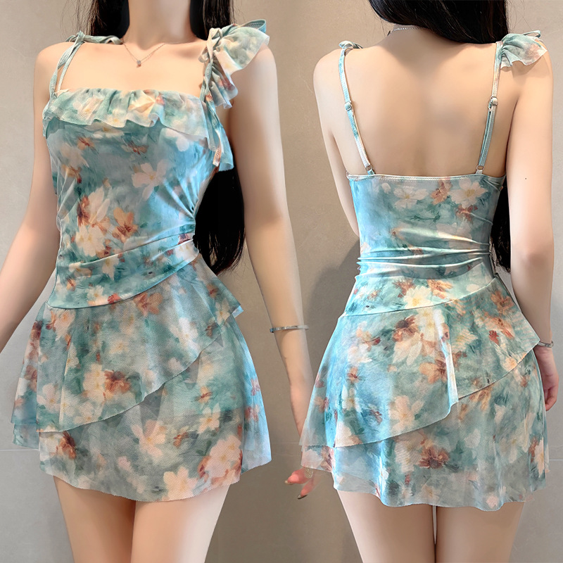 Damen-Badeanzug mit Blumenmuster und Rockshorts, konservativ, figurformend, bauchbedeckend, französischer Retro-Stil, ideal für heiße Quellen_voghion.com