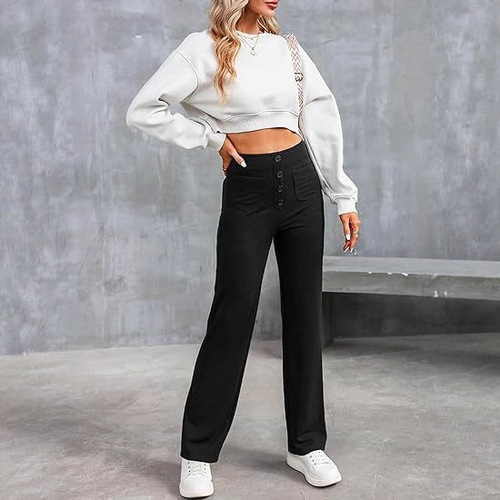 2024 Amazon Europe and America fashion new style women's casual straight leg pants high waist button elastic with multiple pockets 