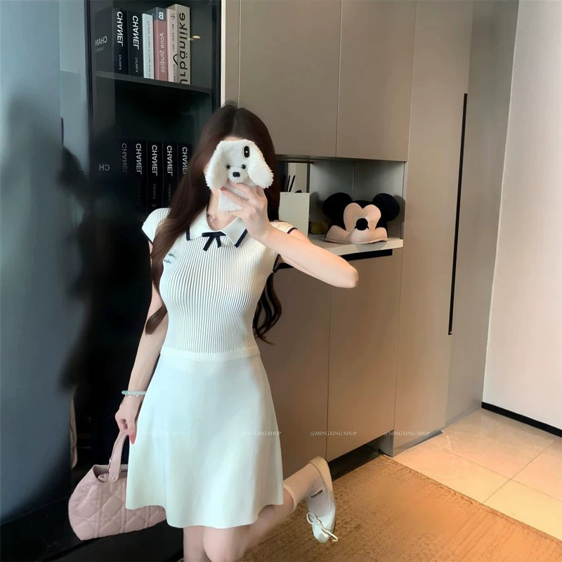 Korean-Style White Color-Blocked Polo Collar College-Style Age-Reducing Short-Sleeved Dress for Summer Korean-Style White Color-Blocked Polo Collar College-Style Age-Reducing Short-Sleeved Dress for Summer