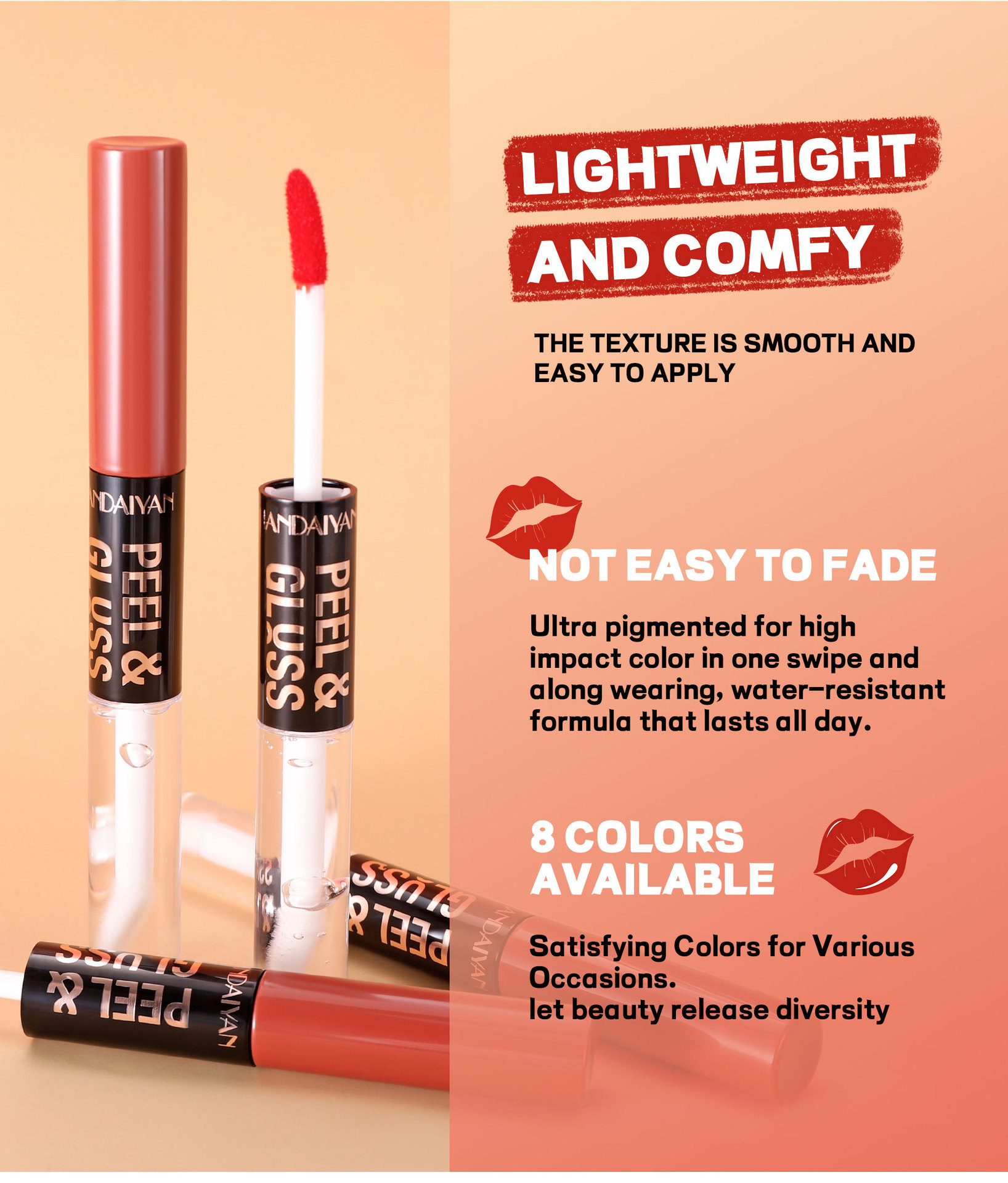 Cross-border tear-off lip gloss matte Waterproof HANDAIYAN Moisturizing and hydrating, easy to color and repair double-head tear-off lip gloss undefined