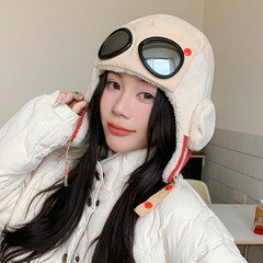 秋冬时尚百搭护耳帽子女可拆卸防风护目镜套帽户外滑雪飞行员帽潮
