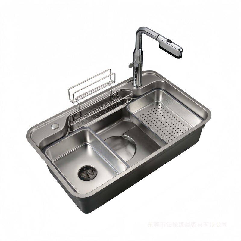 Kitchen 3D stainless steel large single-basin multifunctional sink, pull-out Japanese-style sink with kitchen track groove and drain basket set Kitchen 3D stainless steel large single-basin multifunctional sink, pull-out Japanese-style sink with kitchen track groove and drain basket set