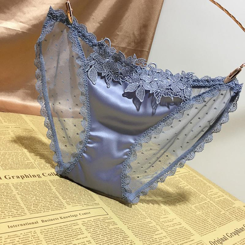 European and American sexy fashion satin lace underwear women's three-dimensional embroidered hollow seamless transparent temptation women's briefs