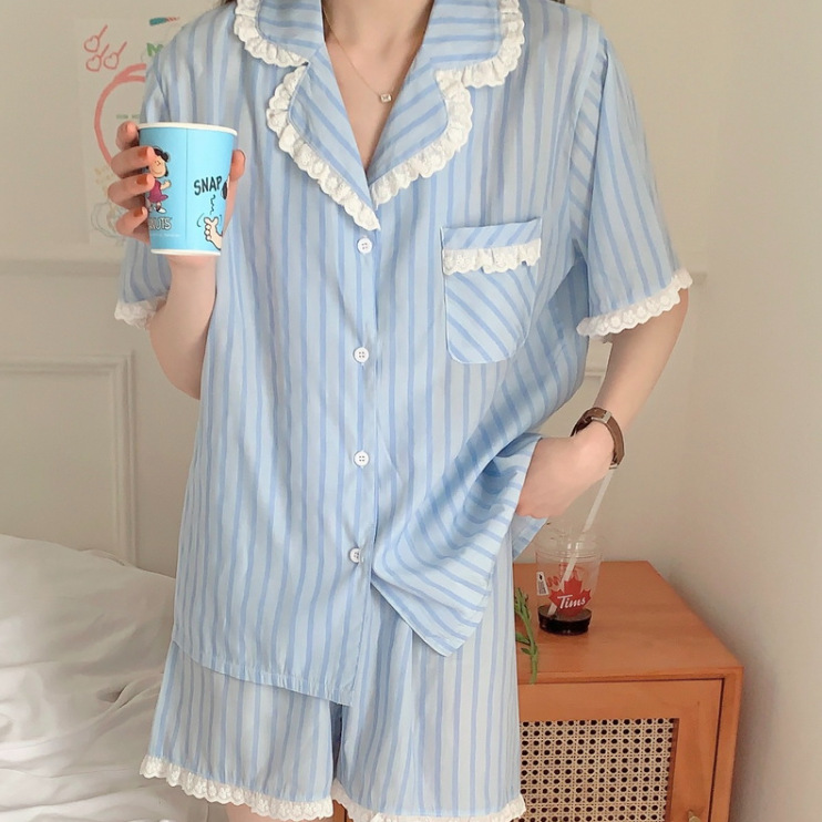 2023 韩版夏季条纹休闲睡衣度假宽松花边套装女短袖家居服潮