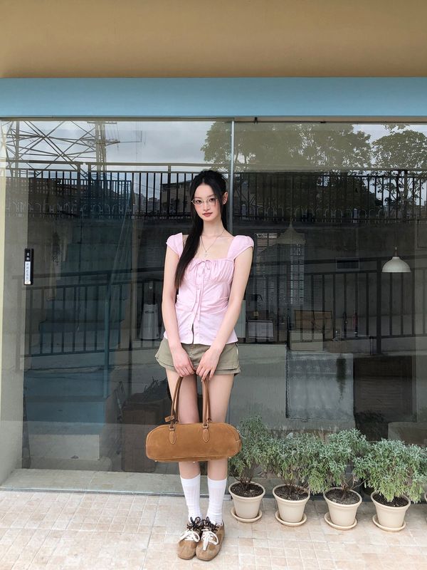 设计感短袖衬衫女夏季2025新款巨好看的小衫法式上衣粉色气质衬衣|undefined
