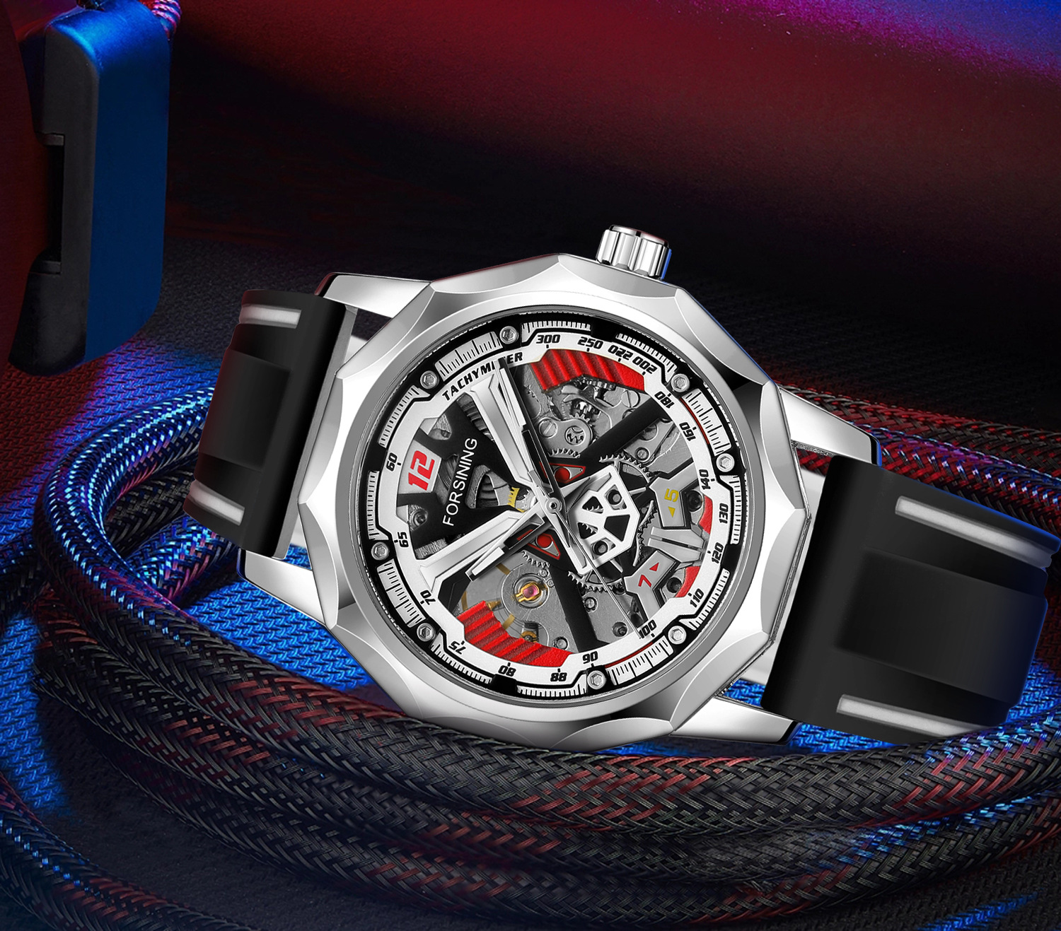 Orologio meccanico a carica manuale da uomo FORSINING con cinturino in gomma scheletrato e cassa trasparente._voghion.com