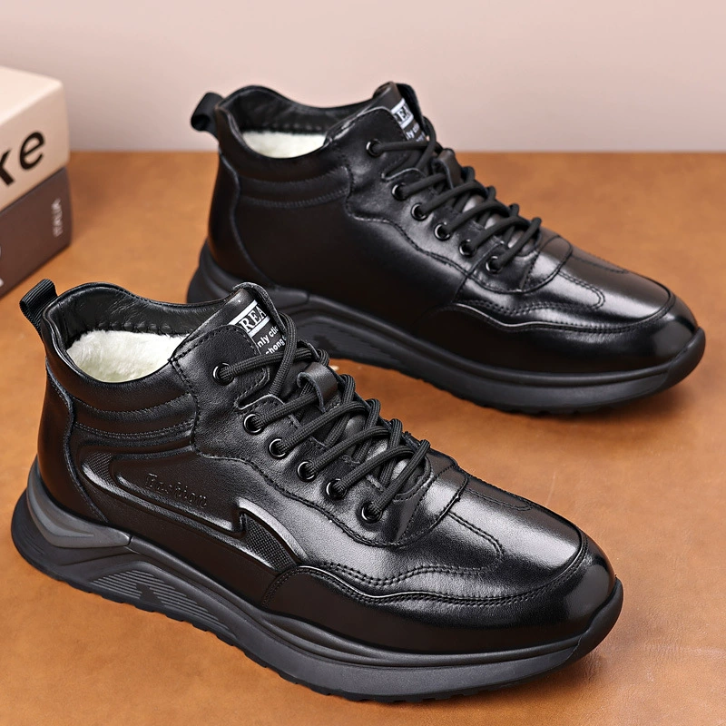 Мужские хлопковые туфли, зимние высокие повседневные спортивные туфли, мужские туфли из натуральной кожи с теплой флисовой подкладкой, нескользящие кожаные туфли с двойным хлопковым утеплителем.