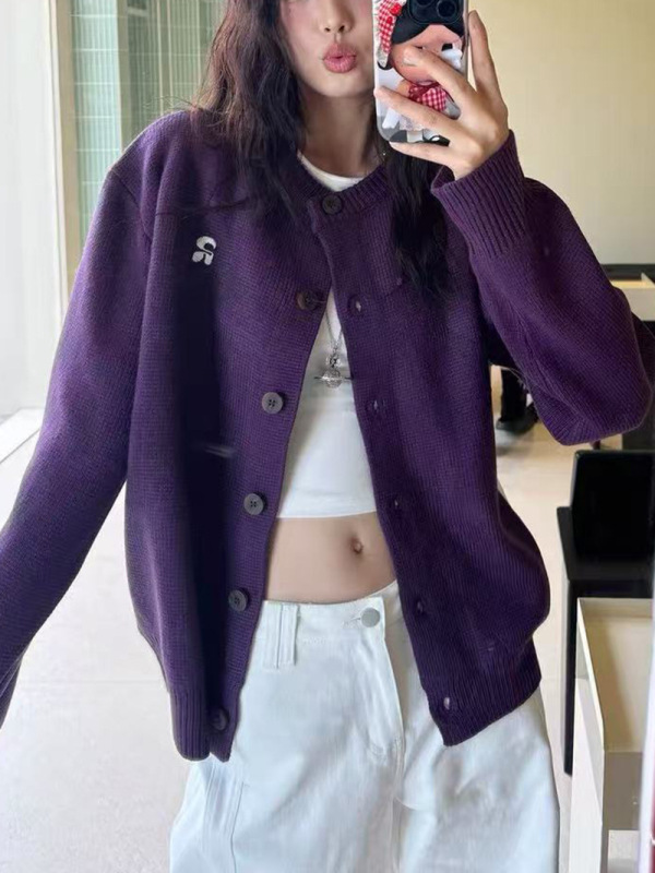 新款显白紫色毛衣开衫温柔外套女秋冬季休闲宽松针织开衫甜美上衣|undefined