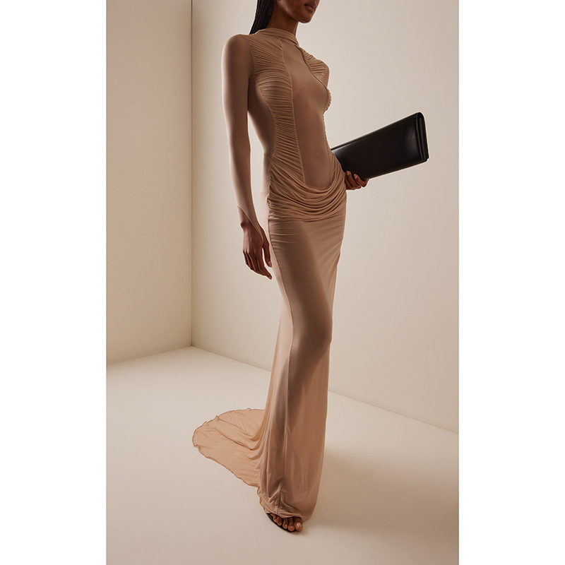 New Cross-Border Foreign Trade Women's Long-Sleeve Sheer Sexy Solid Color Long Evening Gown with Elegant Pleated Train Dress