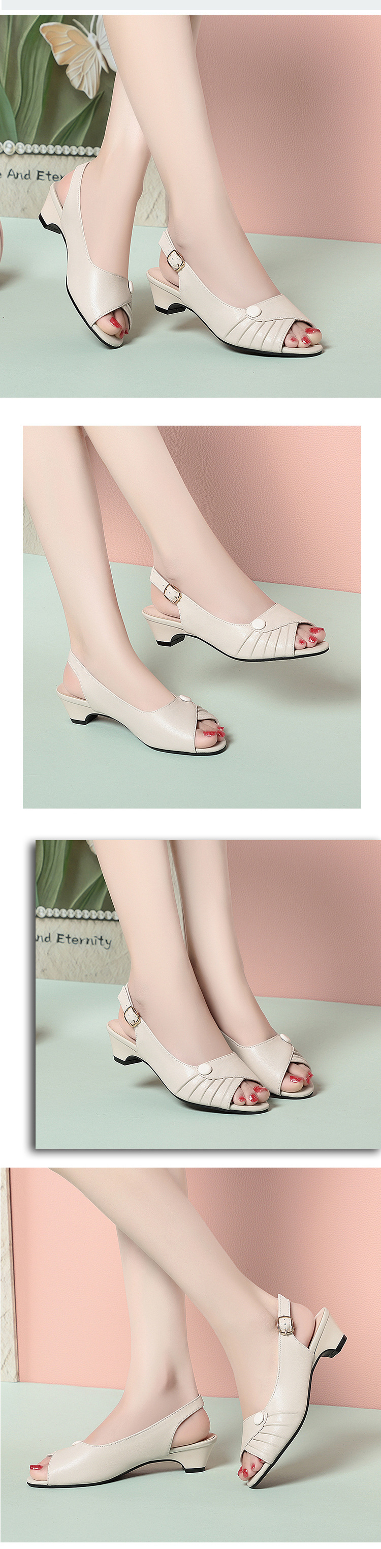 Sandal nữ quai ngang da thật gót vừa đế mềm miệng cá thời trang — Màu be chi tiết 6