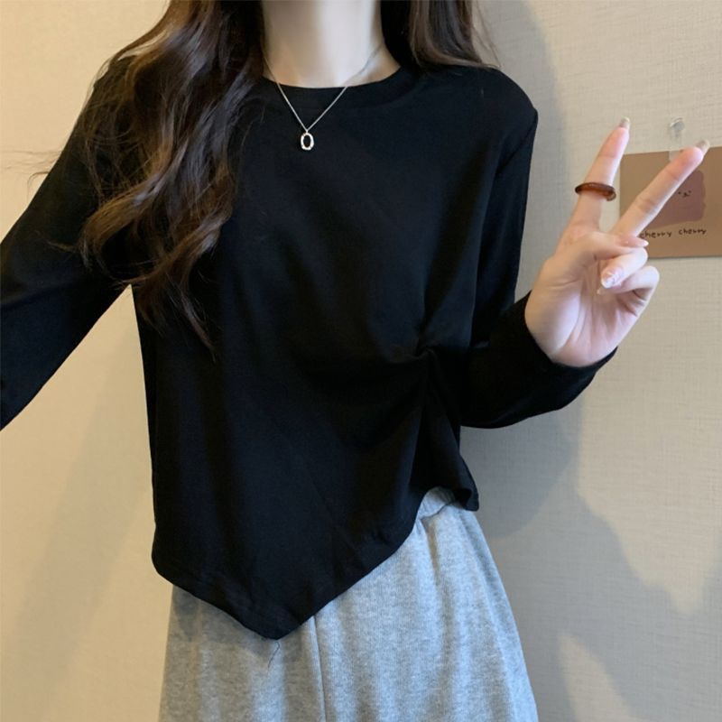 纯棉大码女装设计感长袖T恤小心机打底衫春秋胖mm显瘦不规则上衣|undefined