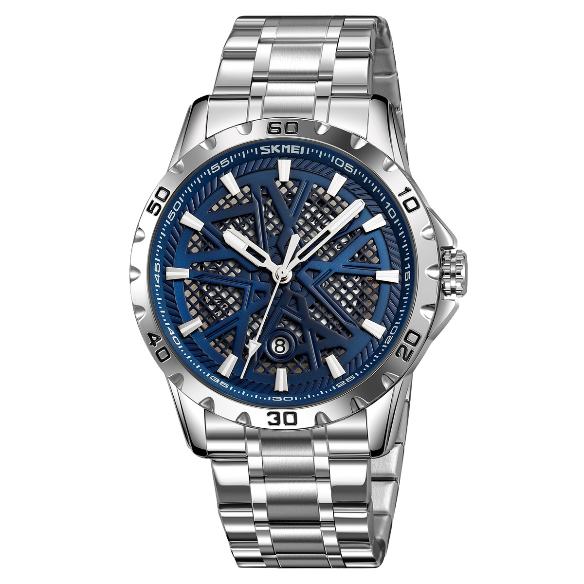 Momento de reloj de hombre redondo hueco correa de acero impermeable calendario reloj de pulsera simple reloj de cuarzo comercial al por mayor transfronterizo