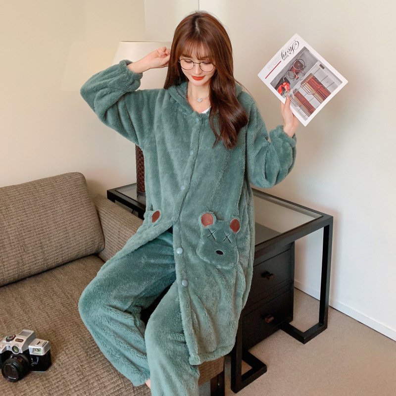 Algas verdes pijamas populares de las mujeres de otoño e invierno de la felpa engrosada de mediados de longitud camisón de las mujeres de franela homewear traje
