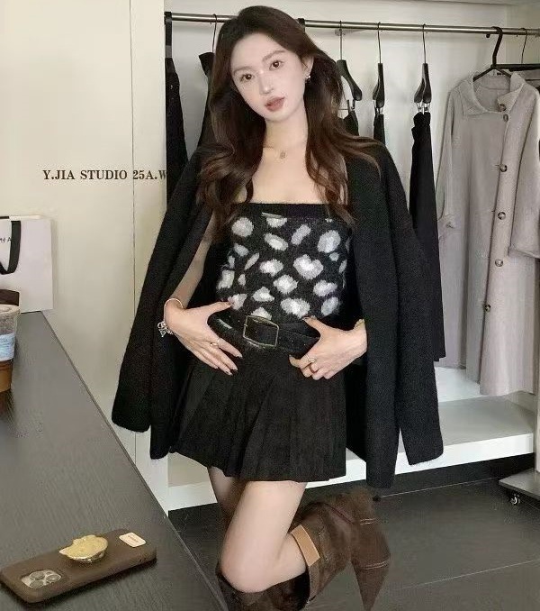 韩版小众时尚慵懒风长袖针织开衫豹纹抹胸搭配女秋季新款潮流百搭|undefined