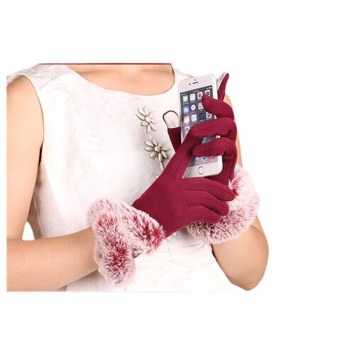 Warm gloves with imitation rabbit fur mouth and velvet thickened cold-proof outdoor cycling non-falling velvet women's touch screen autumn and winter gloves