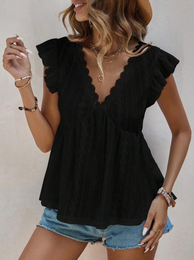 2026 European And American Cross Border Women's Spring And Summer New Fashionable Hollow V-neck Lotus Leaf Short Sleeved Lace T-shirt Top_ecoleips.com