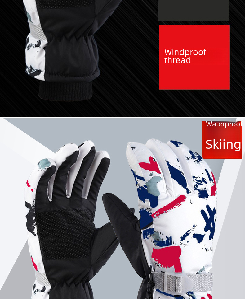 Winter Men's and Women's Cold-proof Fleece-lined Thickened Cotton Waterproof Non-slip Warm Riding Outdoor White Graffiti Ski Gloves_maomaolike.com