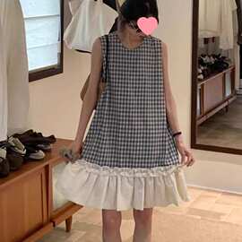 韩系黑白格无袖花边拼接连衣裙女2026夏新简约甜美减龄长裙