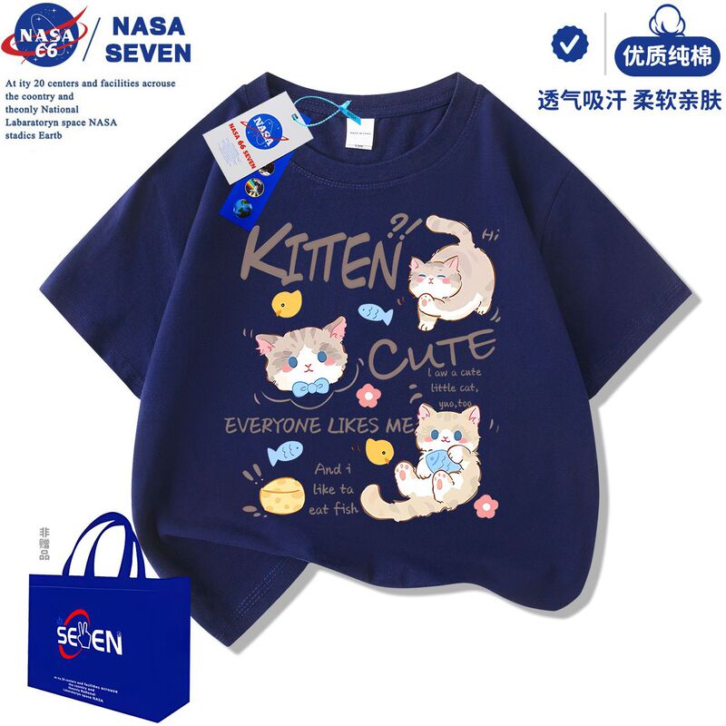 NASA 共同ブランド子供用純綿 Tシャツ夏の新しい漫画猫半袖女の子かわいいドーパミントップス|undefined