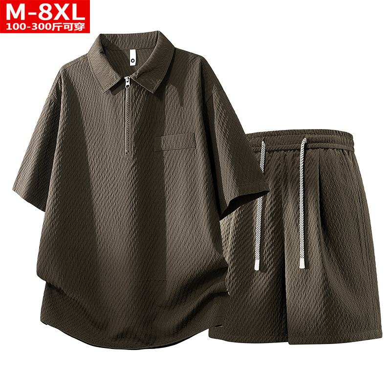 Summer trendy men's jacquard striped short-sleeved polo shirt and plus-size loose casual suit