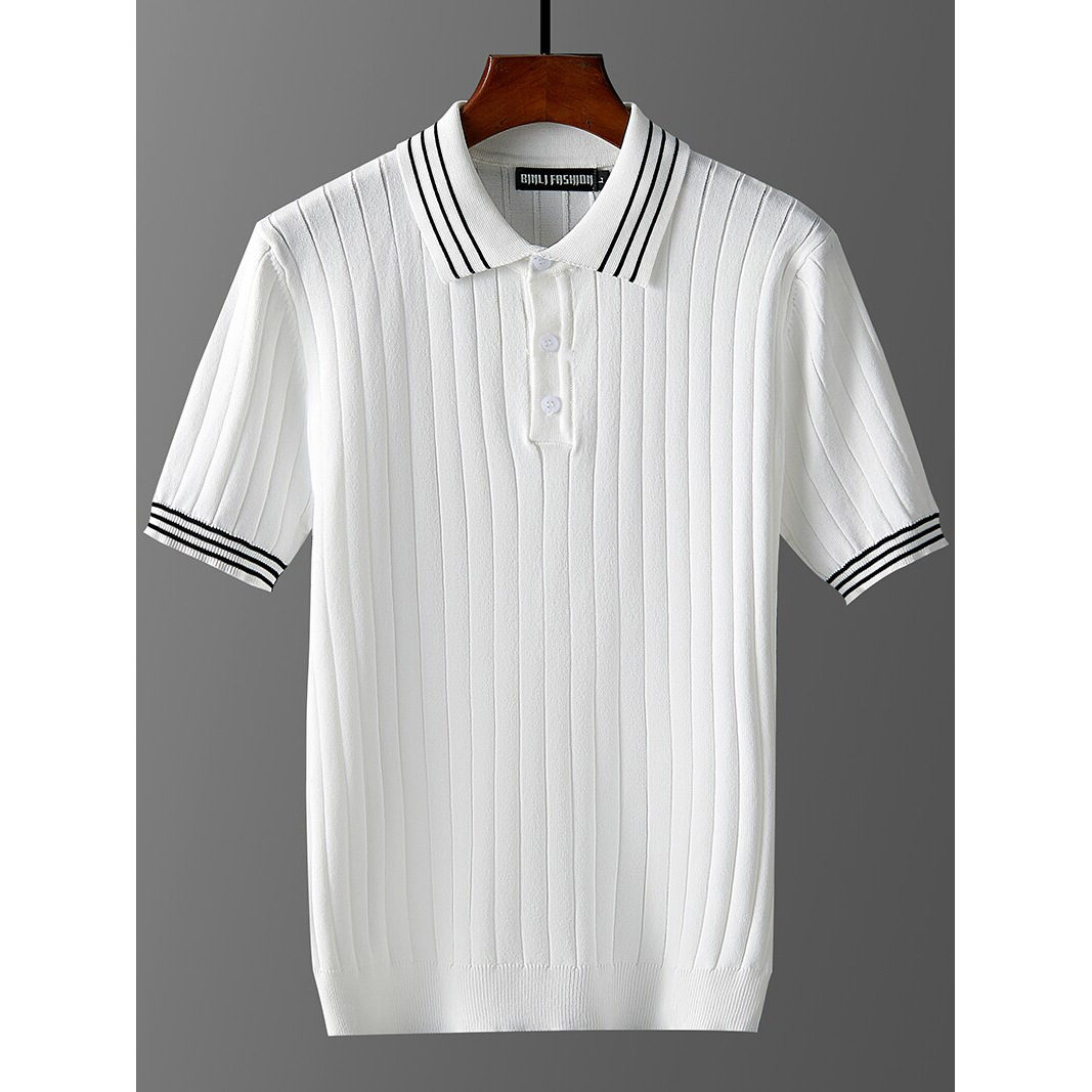 Polo camiseta de punto camiseta de manga corta hombre con solapa rayas viejas camisetas de hielo de negocios de verano fábrica transfronteriza al por mayor
