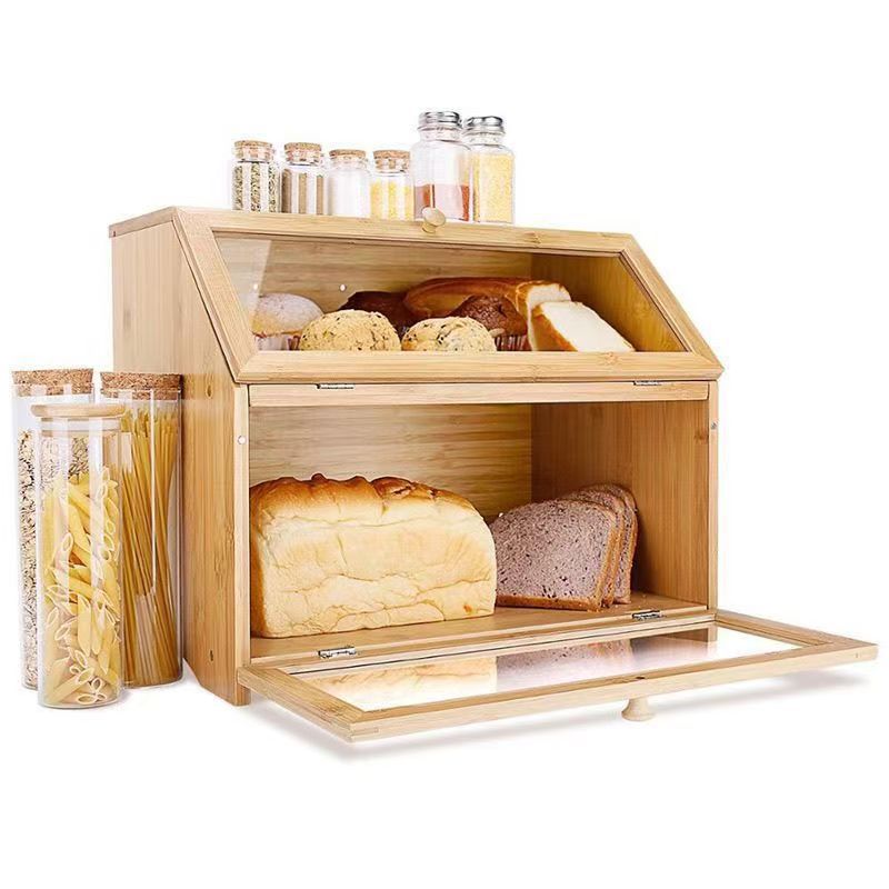 Gabinete de pan de doble capa de bambú, caja de almacenamiento de pan de mesa de cocina doméstica, caja de almacenamiento de bocadillos de pasteles con tapa doblada image 6