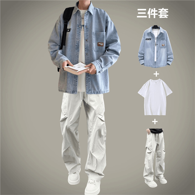 Denim Jacket Men's Autum Suit Youth Student Shirt Jacket with Casual Pants High-End Set