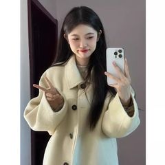 欧美跨境外贸黄色娃娃领毛呢大衣女秋冬新款韩版加厚中长款呢外套