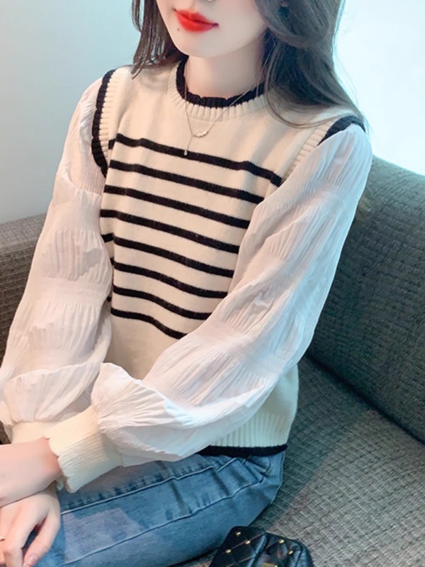 假两件针织打底小衫女装2025年春季新款条纹长袖T恤爆款雪纺上衣|undefined