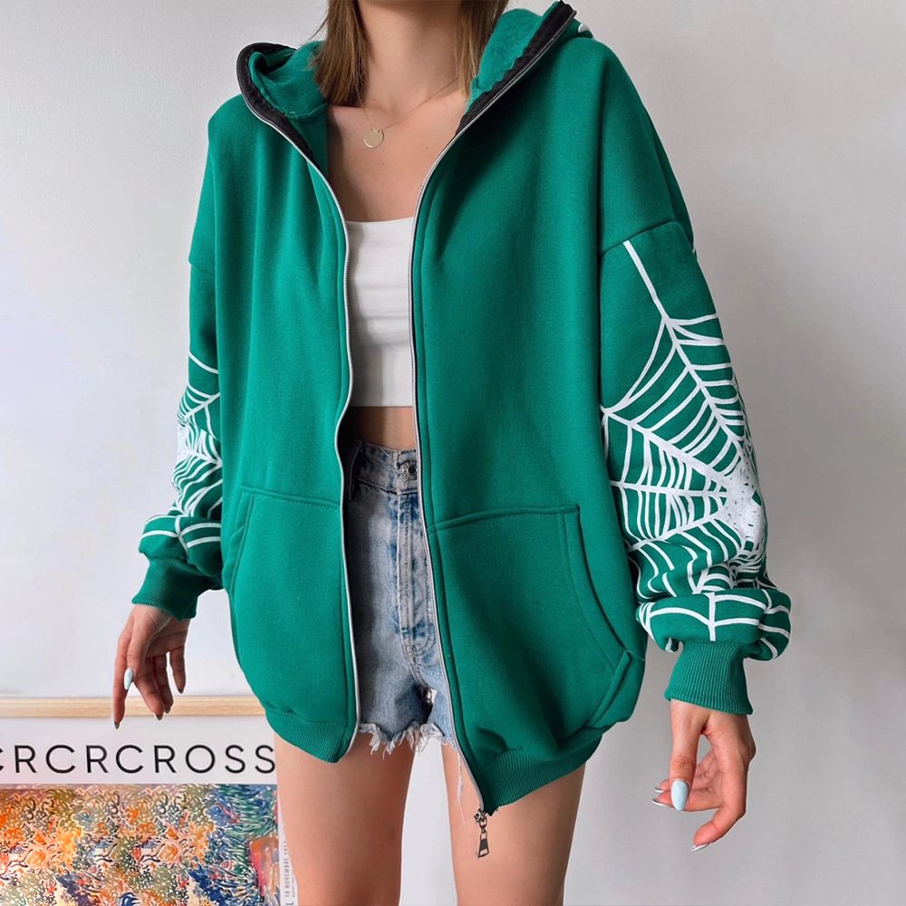 Cardigan con cappuccio con cerniera alla moda con stampa ragnatela autunno/inverno 2024 Nuovo INS_voghion.com