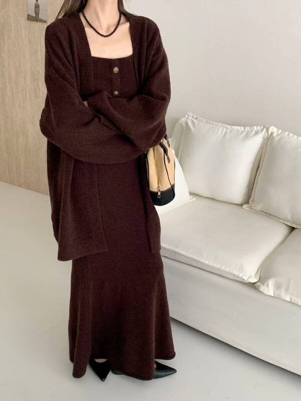 复古名媛风毛衣三件套女秋冬新款韩版吊带背心针织开衫半身裙套装|undefined