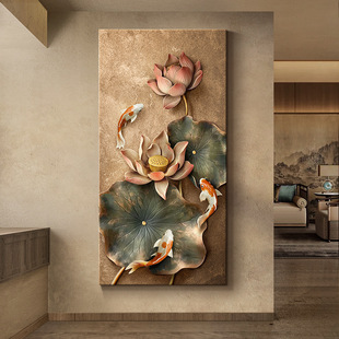 荷花锦鲤入户玄关装饰画新中式走廊过道挂画侘寂风茶室布置高级感-阿里巴巴