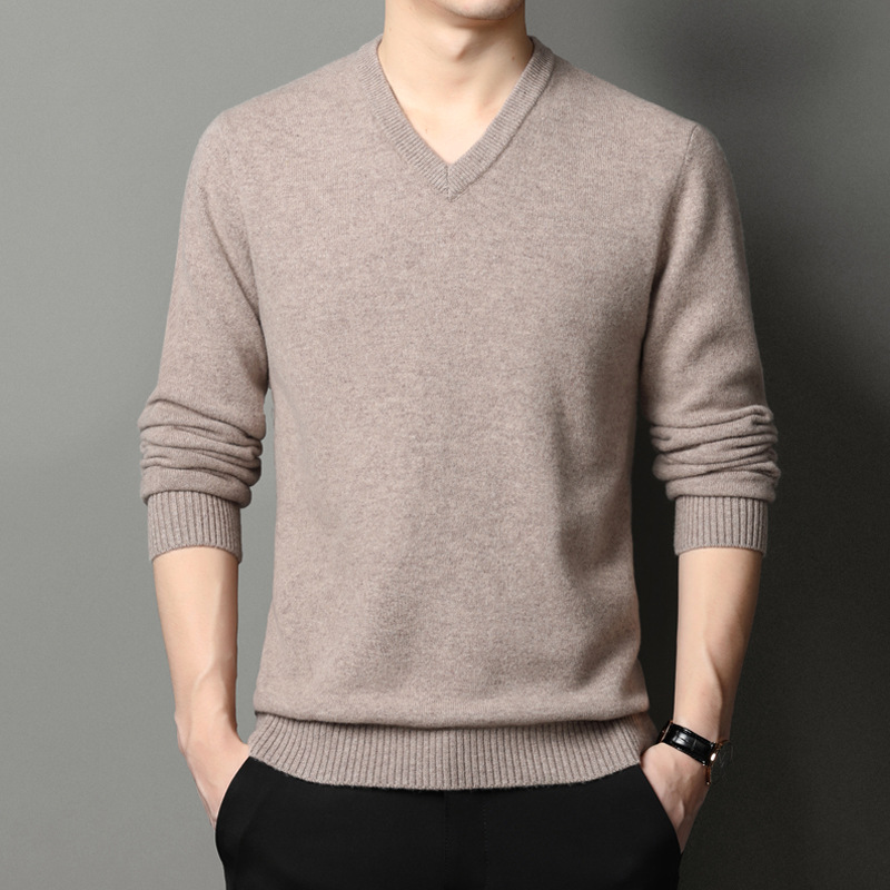 100 양 양모 남자의 두꺼운 따뜻한 긴팔 스웨터 중년 양모 양모 겨울 스웨터 치킨 칼라 V-NECK