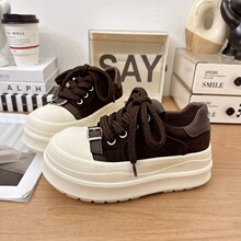 厚底小白鞋女增高2025年秋季新款小个子休闲板鞋系带松糕圆头单鞋