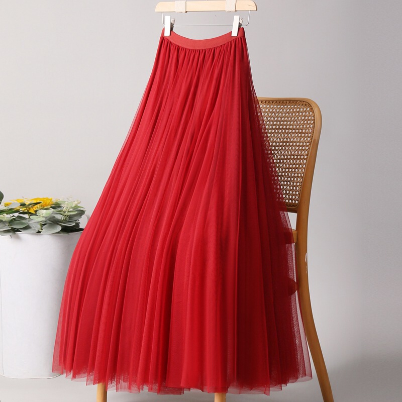Big Red GAuze Skirt 720 Degree Full Swing FAiry Skirt Mesh Skirt Women's High WAist Slim A-line Photo Long Skirt