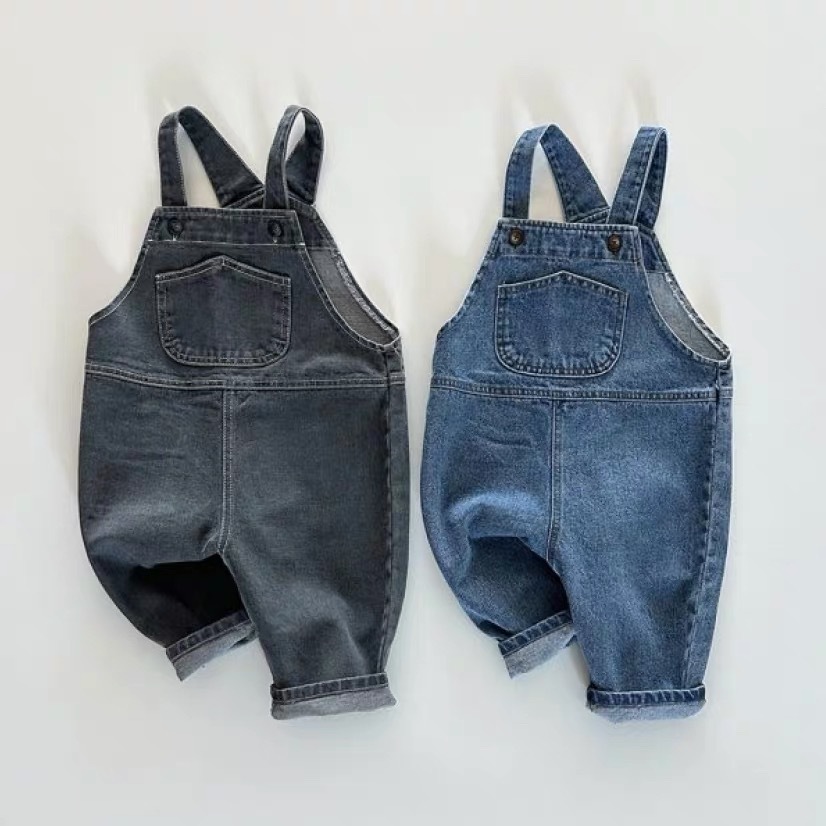 Toddler denim overalls spring/autumn 2026, unisex baby solid color casual pants, infant jumpsuit, trendy style