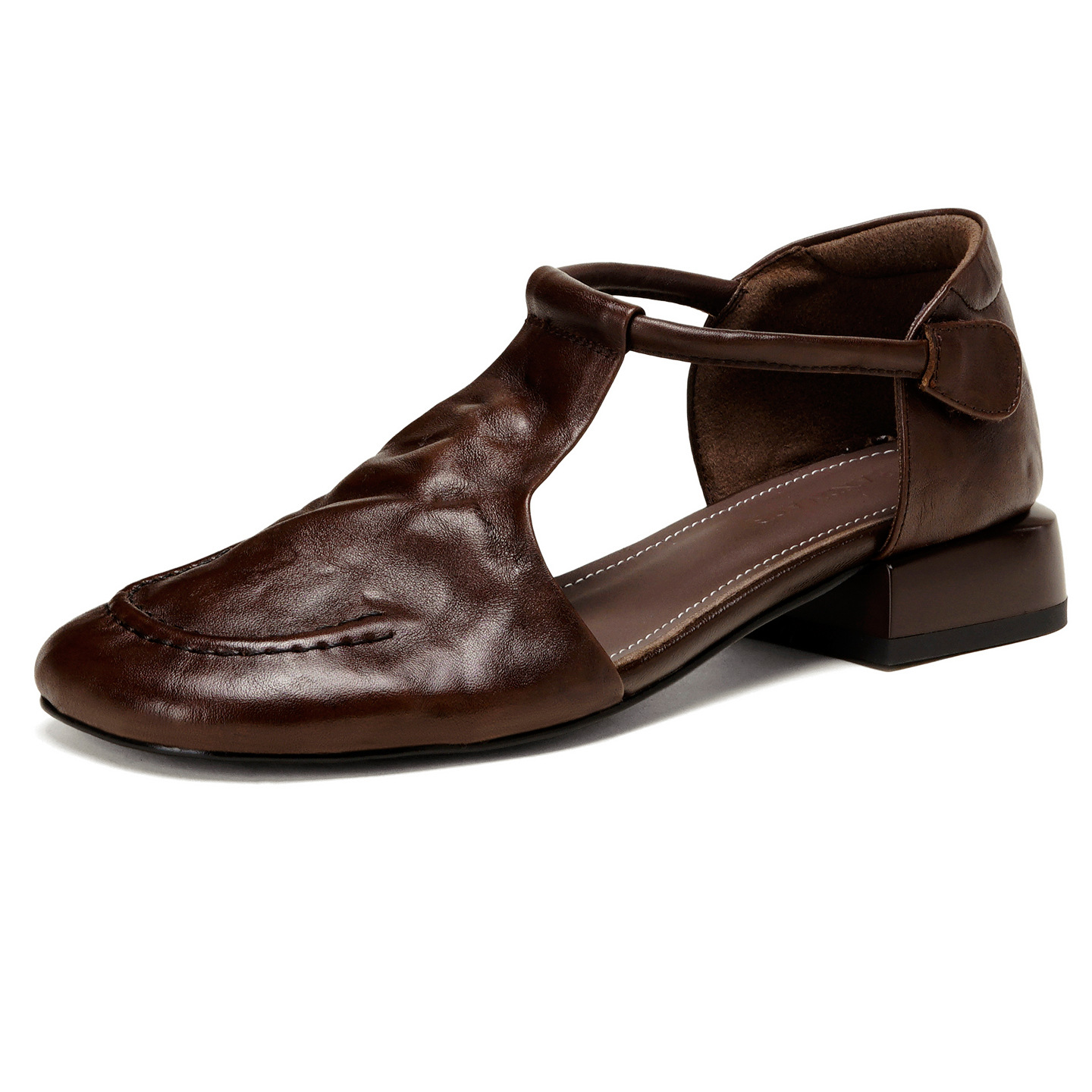 Dép sandal nữ quai ngang mũi tròn đế bằng da bò phong cách retro — màu nâu